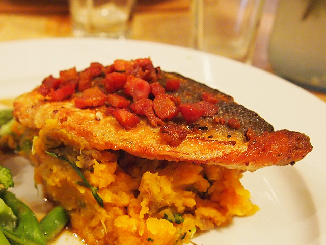 Order Sea Bass, Sweet Potato-yam Mash food online from Saint Michaels Alley store, Palo Alto on bringmethat.com