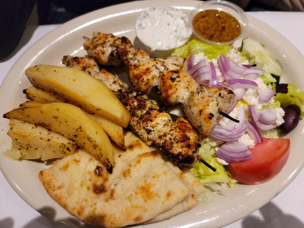 Order Chicken Souvlaki Platter food online from Greek Village Restaurant store, Silver Spring on bringmethat.com
