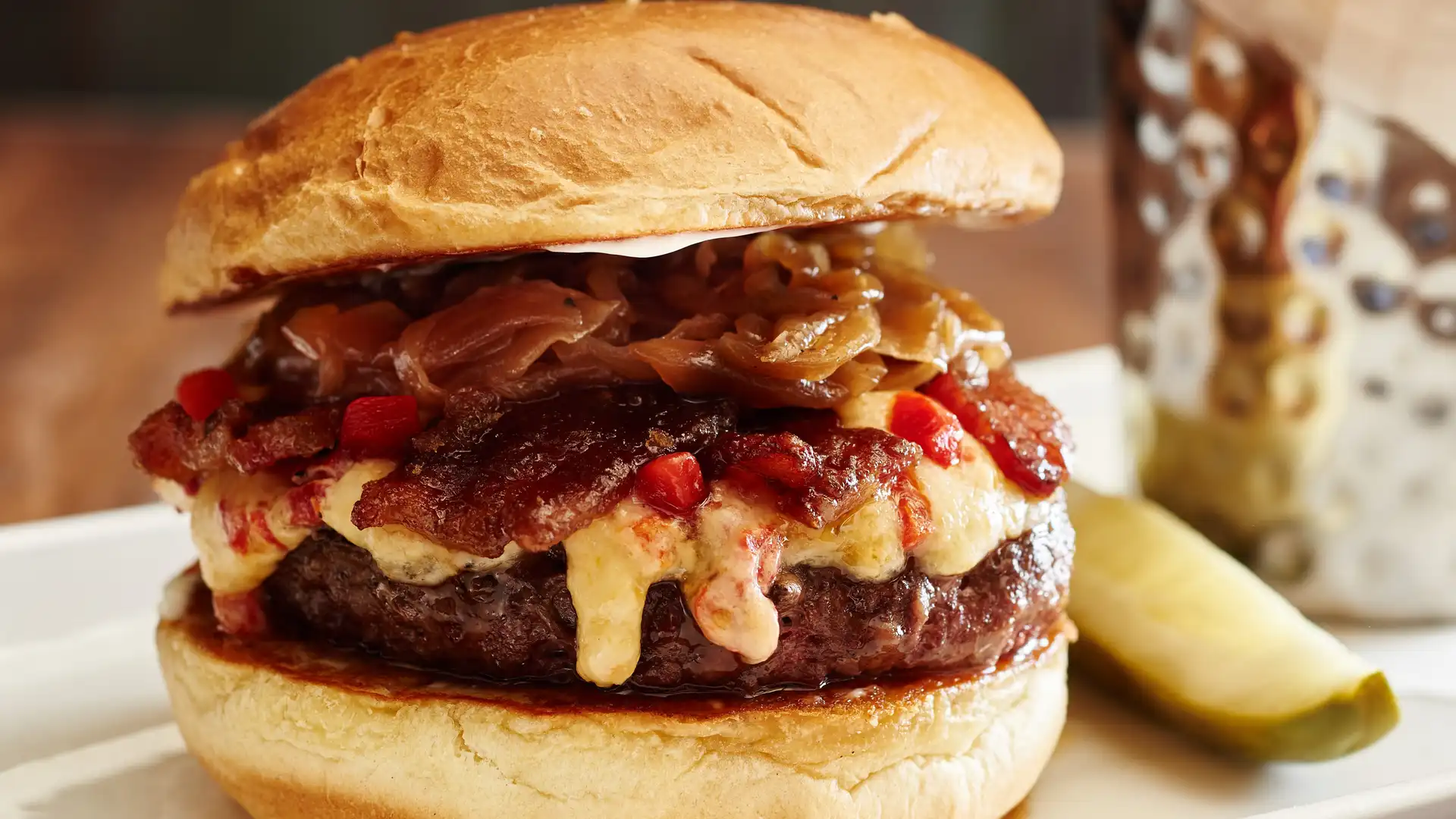 Order Pimiento Cheese Bacon Burger food online from Village Tavern store, Winston Salem on bringmethat.com