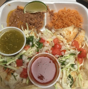 Order 2 Fish Tacos Dinner food online from Bandito Burrito Co store, Huntsville on bringmethat.com